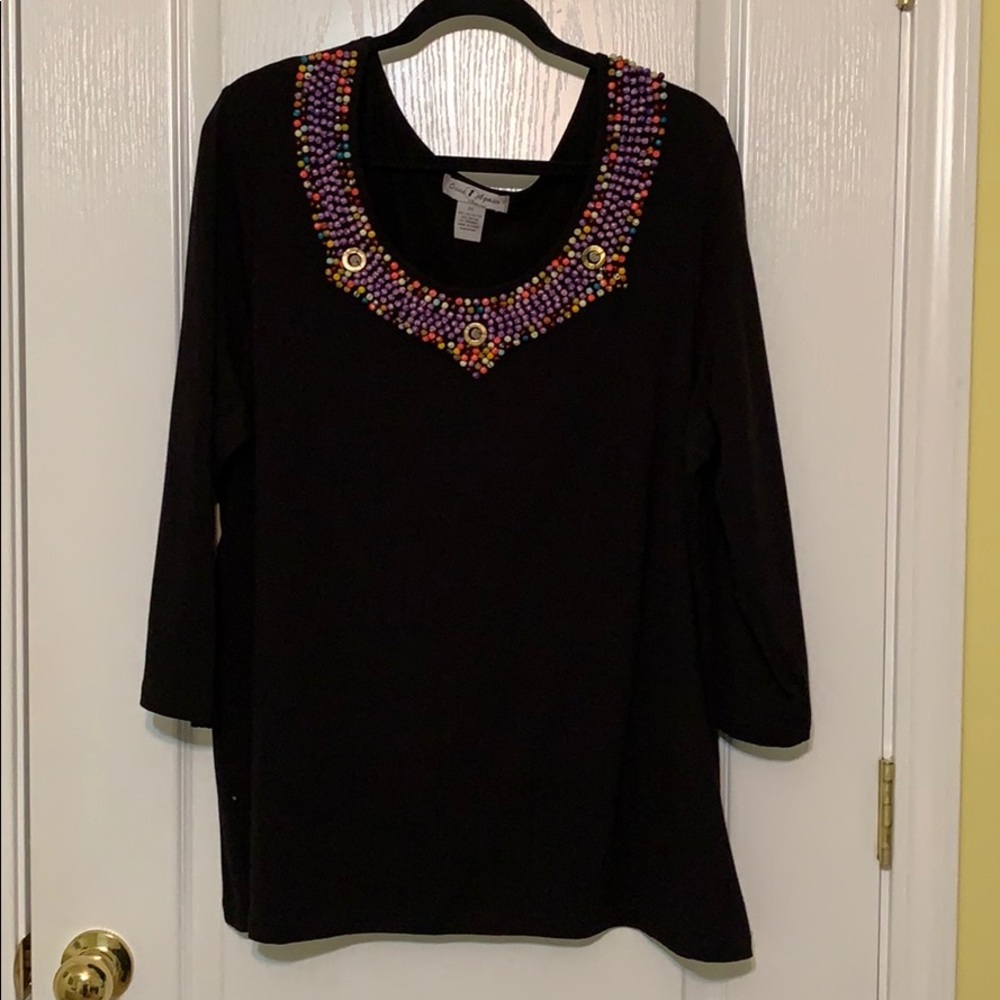 Long sleeve top, colorful beaded neckline. FINAL SALE
